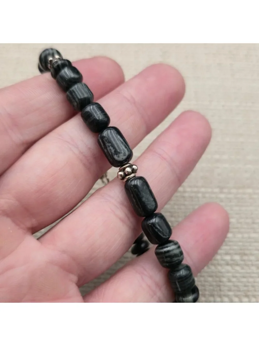 7 Inch Sterling Silver Black Striped Agate Gemstone Beaded Bracelet B1460